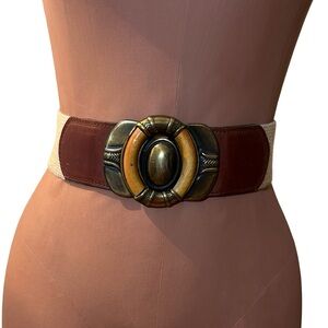 Vintage Omega Canvas Brass Wood Leather Waist Belt M/L